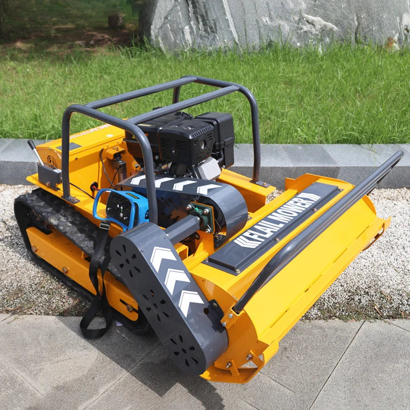 Remote-controlled lawn mower—an intelligent mowing robot; a four-stroke, gasoline-powered, zero-turn, tracked mower capable of traversing 45-degree slopes.