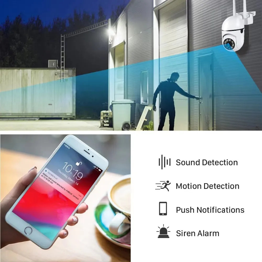 Secure your space with WiFi wireless security camera—featuring 4X zoom, auto-tracking, two-way audio, HD video, and color night vision for complete peace of mind!