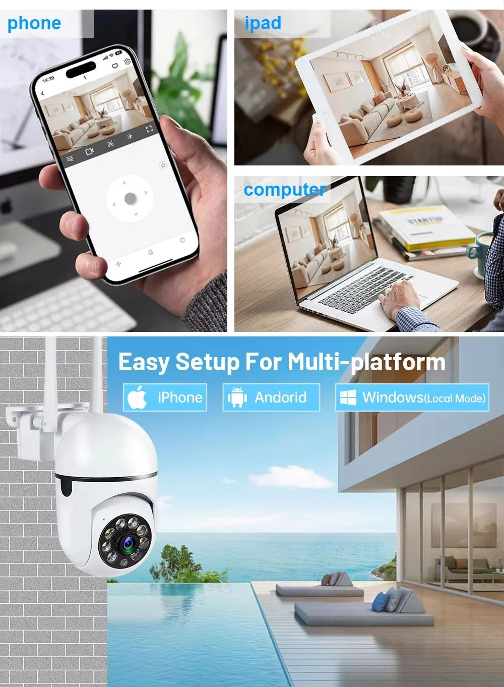 Secure your space with WiFi wireless security camera—featuring 4X zoom, auto-tracking, two-way audio, HD video, and color night vision for complete peace of mind!