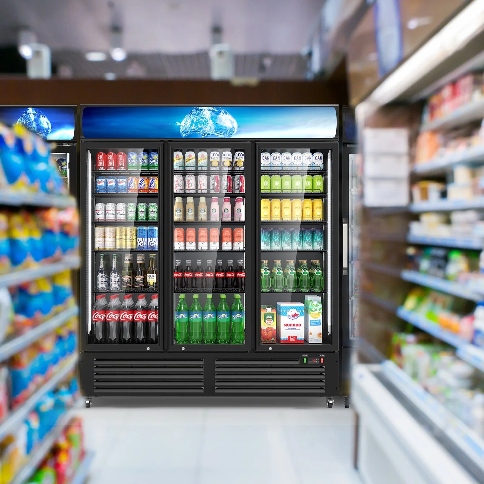 56 Cu Ft Commercial Display Fridge for Beverage 3 Glass Door Upright Refrigerator Merchandiser with Front LED Light for Shop Bar