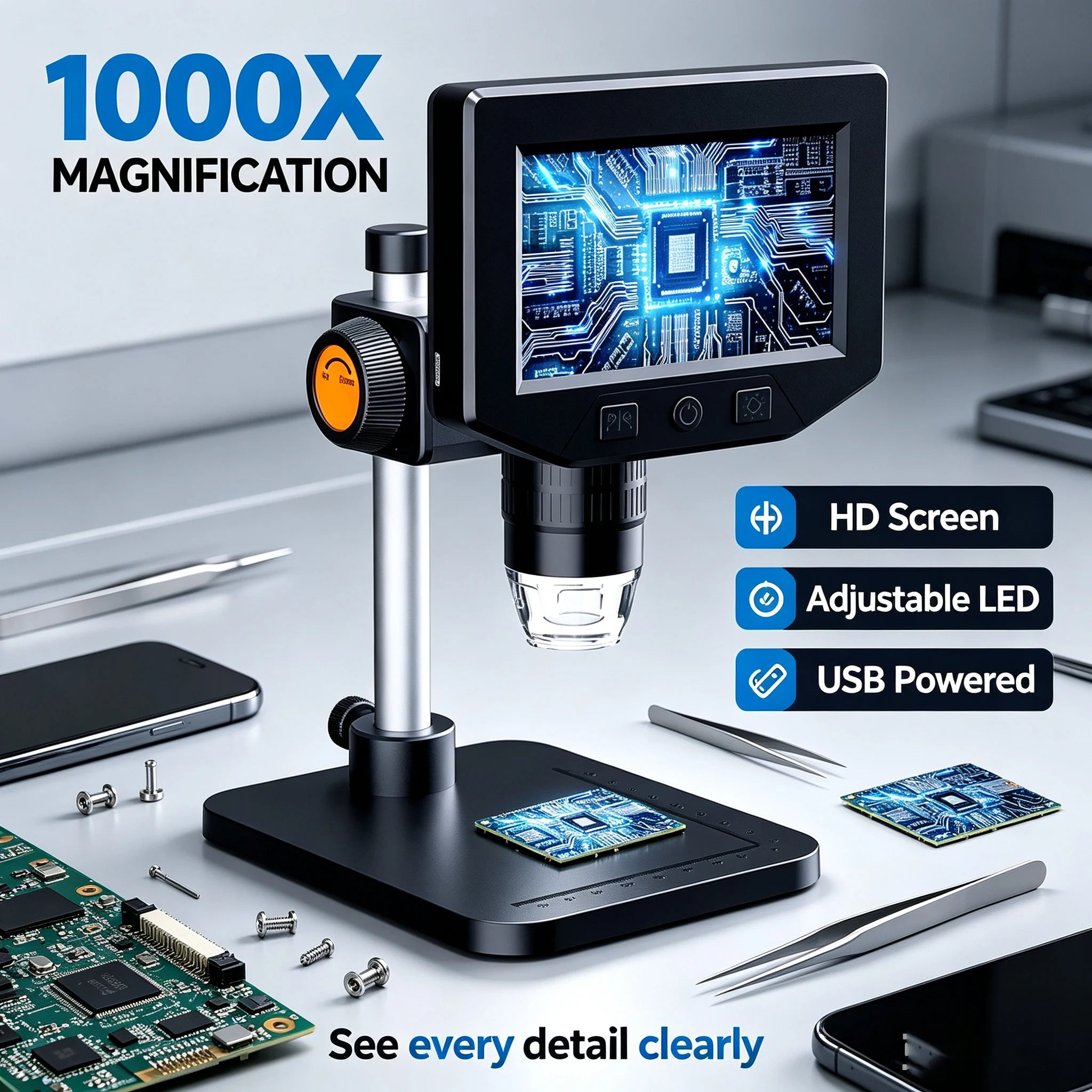 1000X Zoom 4.3" LCD Digital Microscope 1080P HD Video with 8 LED Lights Portable USB Microscope for Soldering PCB Coin Repair Wholesale
