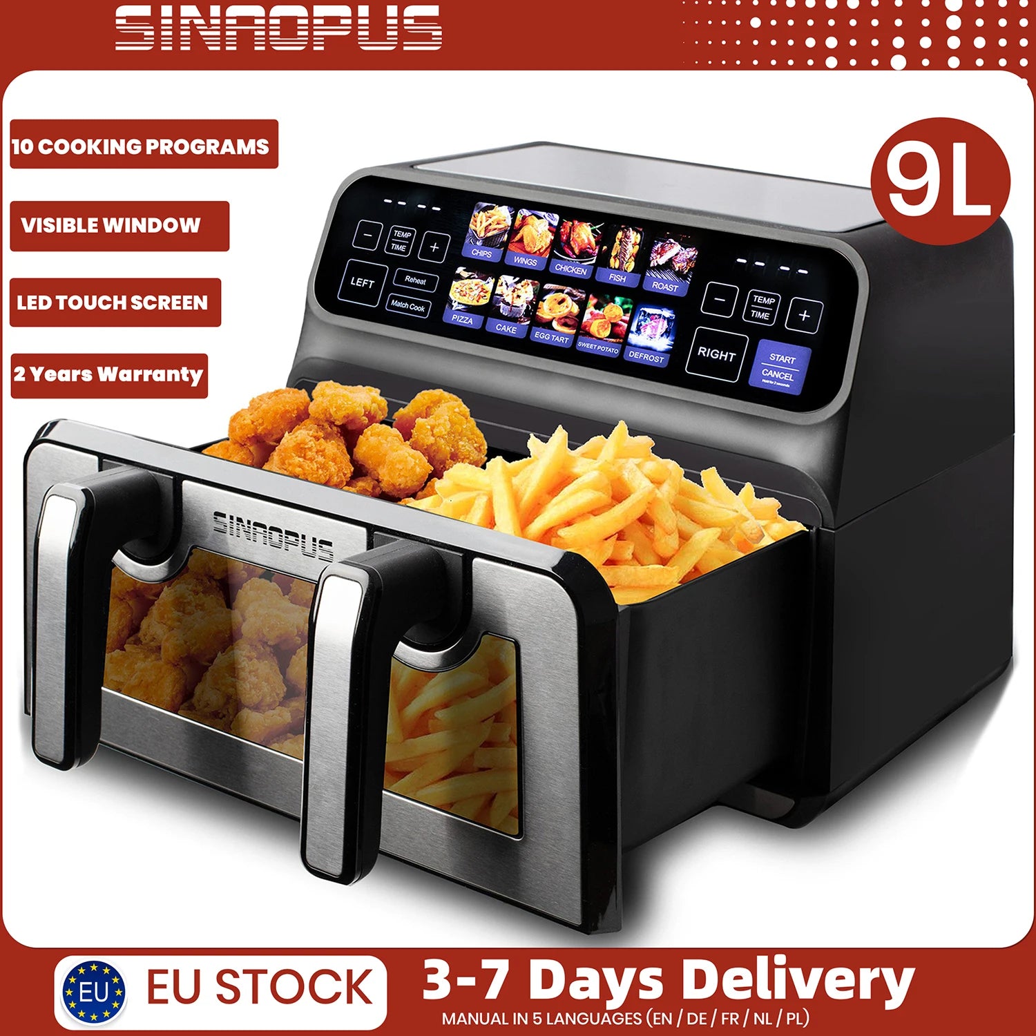 Sinaopus 2200W Hot Air Fryer Dual Basket 9 L XXL Multi-Function Air Fryer with LED Touch Screen Timable Auto Programmes