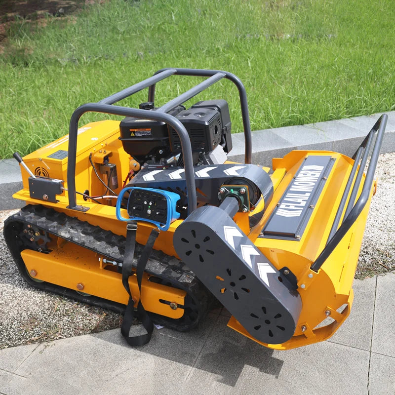 Remote-controlled lawn mower—an intelligent mowing robot; a four-stroke, gasoline-powered, zero-turn, tracked mower capable of traversing 45-degree slopes.