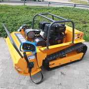 Remote-controlled lawn mower—an intelligent mowing robot; a four-stroke, gasoline-powered, zero-turn, tracked mower capable of traversing 45-degree slopes.