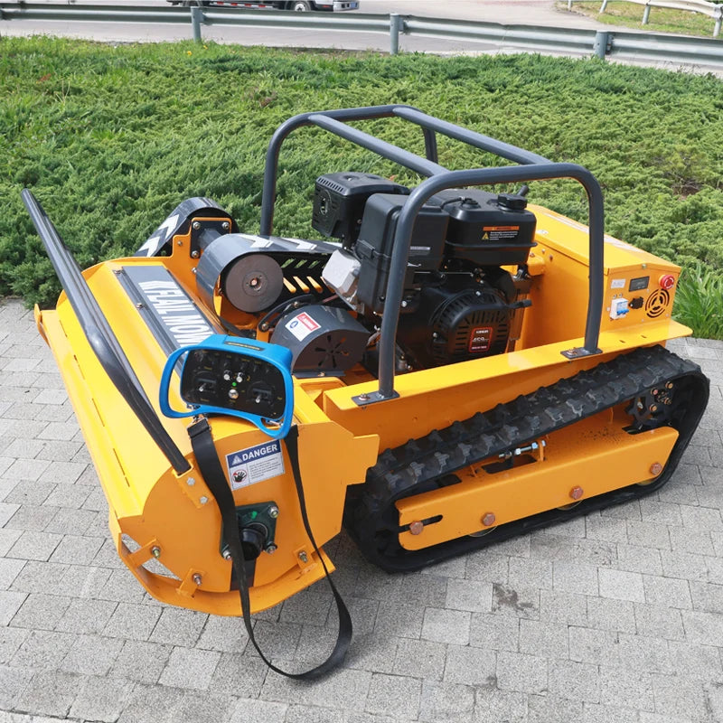 Remote-controlled lawn mower—an intelligent mowing robot; a four-stroke, gasoline-powered, zero-turn, tracked mower capable of traversing 45-degree slopes.