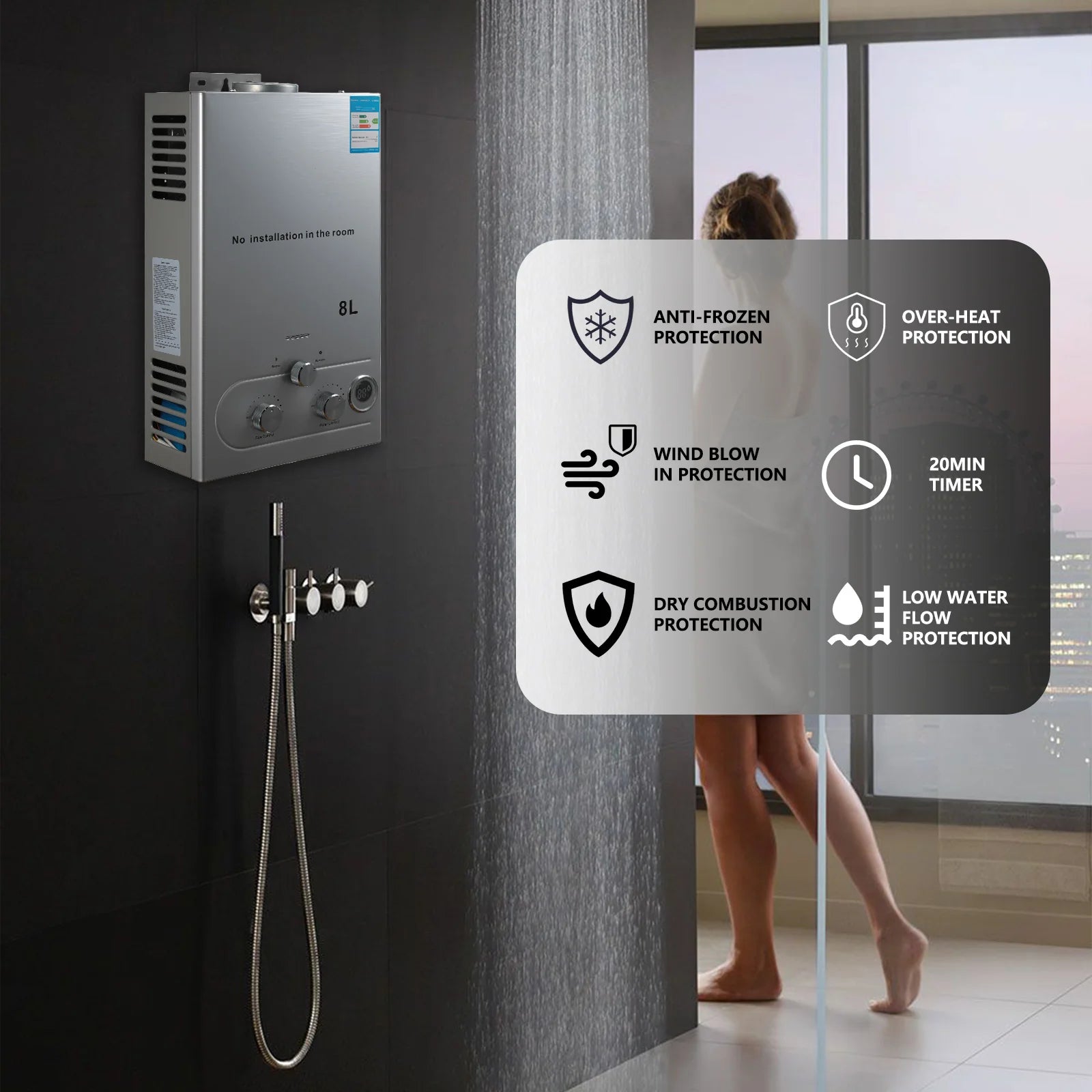 6L LPG Gas Water Heater tainless Steel Tankless Propane Gas LPG LPG body With show Kit Home Camping Appliance