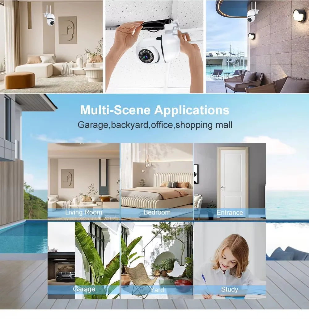 Secure your space with WiFi wireless security camera—featuring 4X zoom, auto-tracking, two-way audio, HD video, and color night vision for complete peace of mind!
