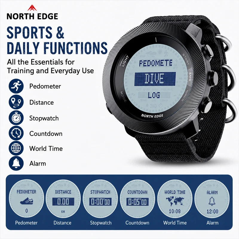 NORTH EDGE APACHE-D Dive Watch Men Free Diving Altimeter Barometer Compass Waterproof Rechargeable Outdoor Sports Digital Watch