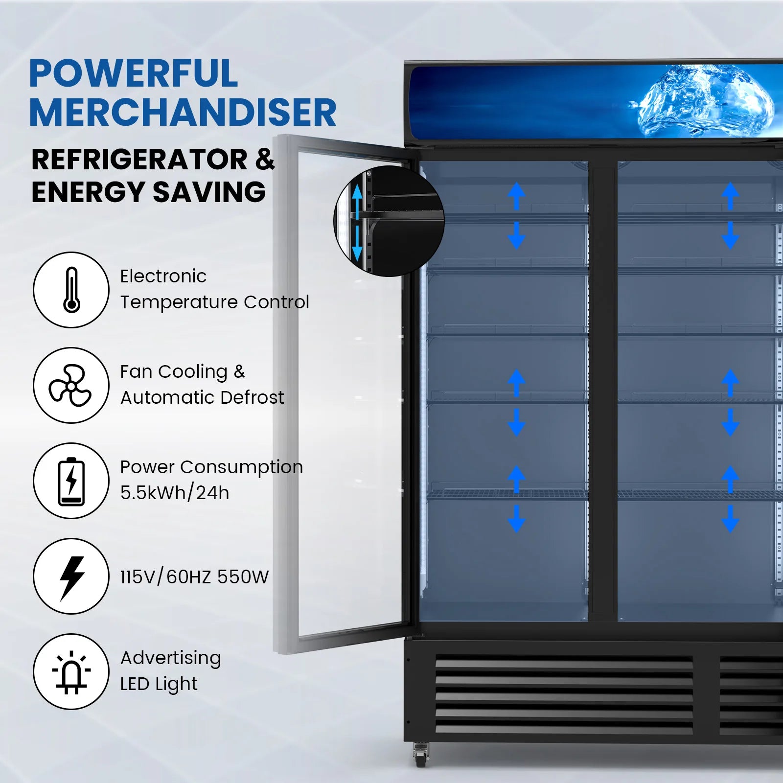 56 Cu Ft Commercial Display Fridge for Beverage 3 Glass Door Upright Refrigerator Merchandiser with Front LED Light for Shop Bar