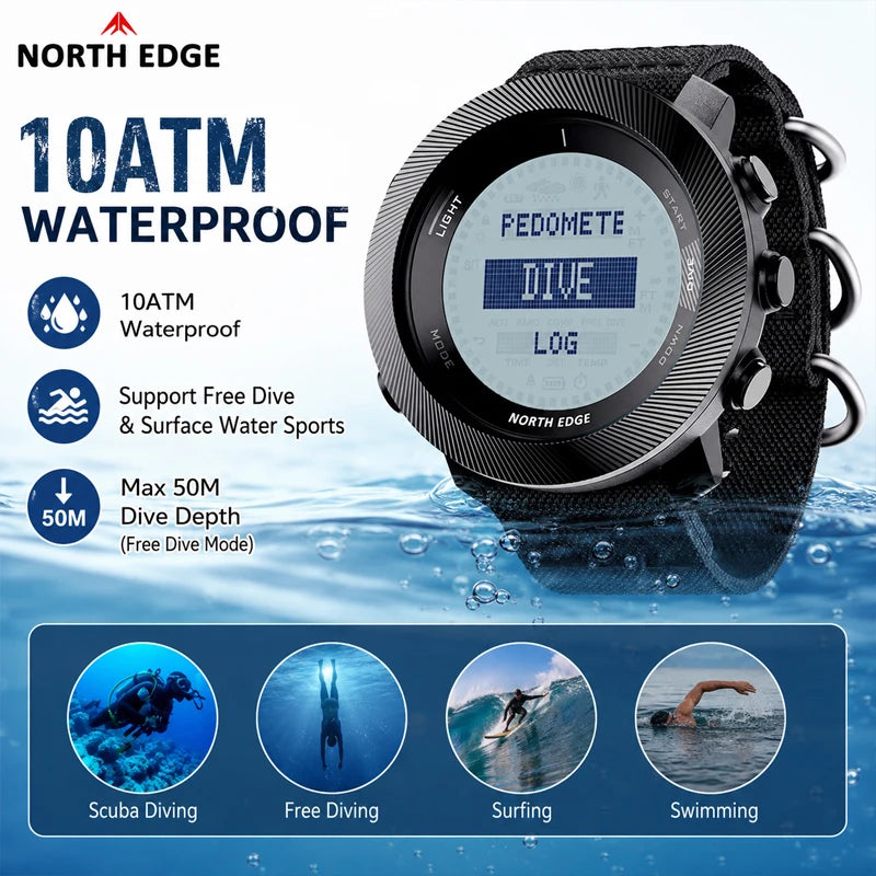 NORTH EDGE APACHE-D Dive Watch Men Free Diving Altimeter Barometer Compass Waterproof Rechargeable Outdoor Sports Digital Watch