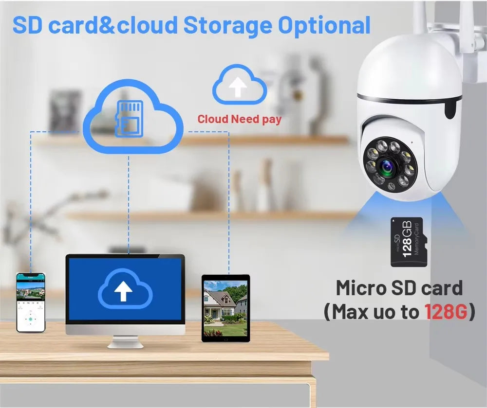Secure your space with WiFi wireless security camera—featuring 4X zoom, auto-tracking, two-way audio, HD video, and color night vision for complete peace of mind!