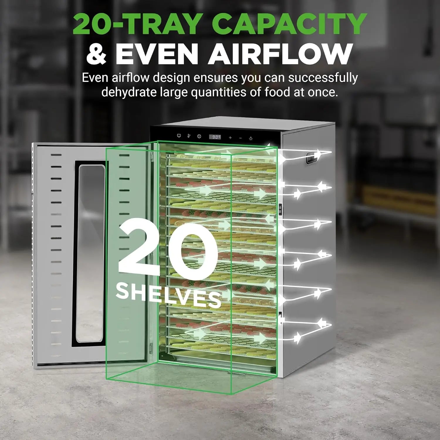 Commercial Grade Food Dehydrator Machine 110V 1500W Stainless Steel 20 Trays