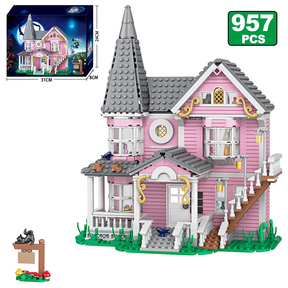 958pcs City Street View Series Pink Castle Apartments Model Building Blocks MOC Kitten Windmill Bricks Creative Toys Girls Gifts