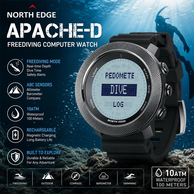 NORTH EDGE APACHE-D Dive Watch Men Free Diving Altimeter Barometer Compass Waterproof Rechargeable Outdoor Sports Digital Watch