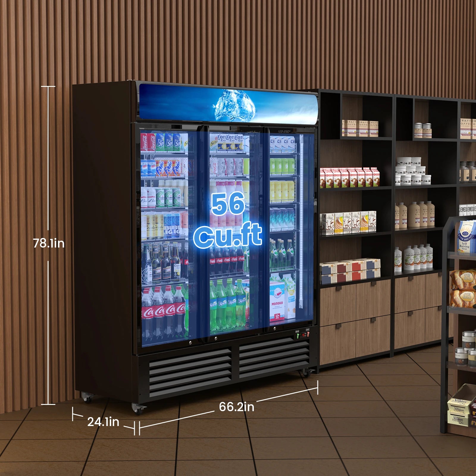 56 Cu Ft Commercial Display Fridge for Beverage 3 Glass Door Upright Refrigerator Merchandiser with Front LED Light for Shop Bar