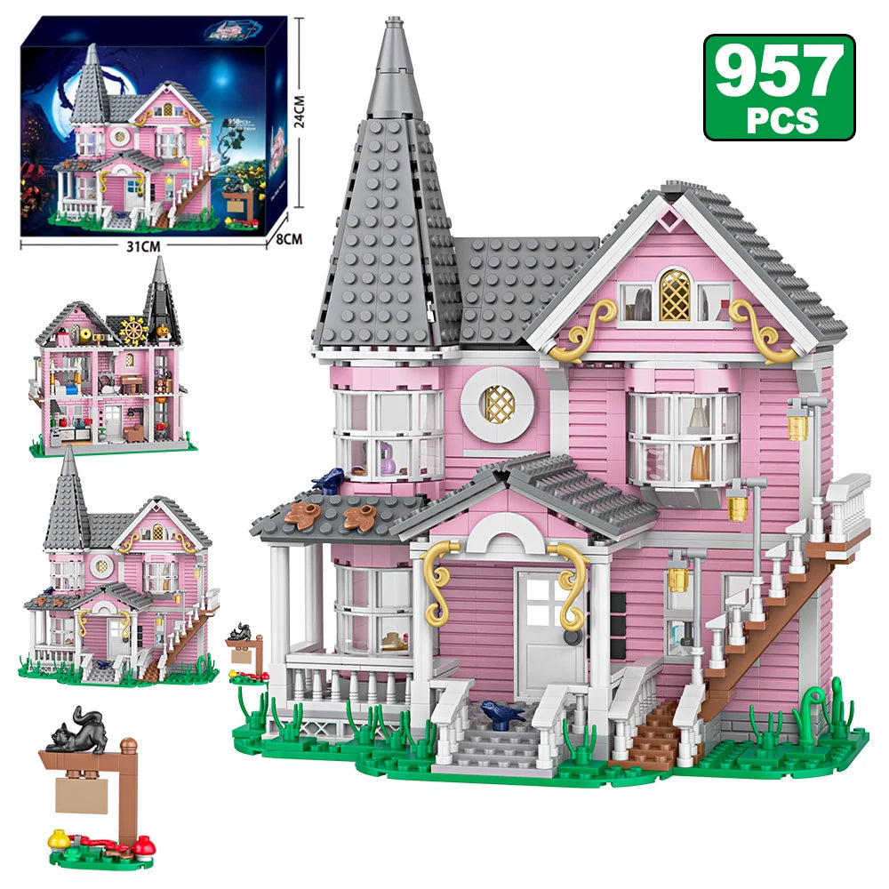 958pcs City Street View Series Pink Castle Apartments Model Building Blocks MOC Kitten Windmill Bricks Creative Toys Girls Gifts