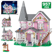 958pcs City Street View Series Pink Castle Apartments Model Building Blocks MOC Kitten Windmill Bricks Creative Toys Girls Gifts