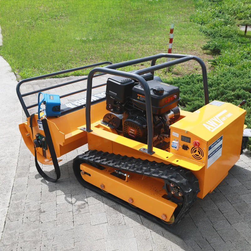 Remote-controlled lawn mower—an intelligent mowing robot; a four-stroke, gasoline-powered, zero-turn, tracked mower capable of traversing 45-degree slopes.