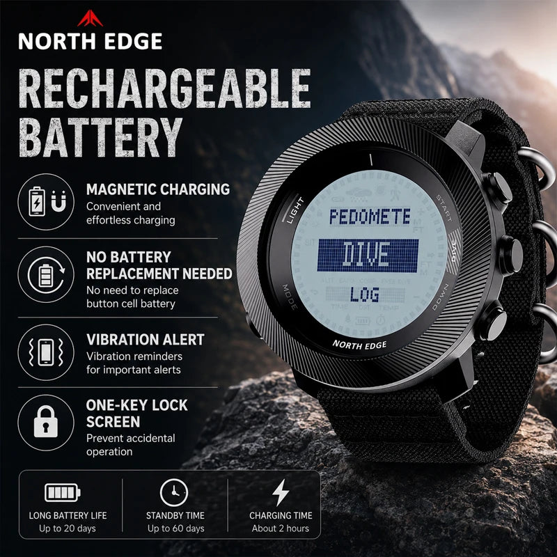 NORTH EDGE APACHE-D Dive Watch Men Free Diving Altimeter Barometer Compass Waterproof Rechargeable Outdoor Sports Digital Watch