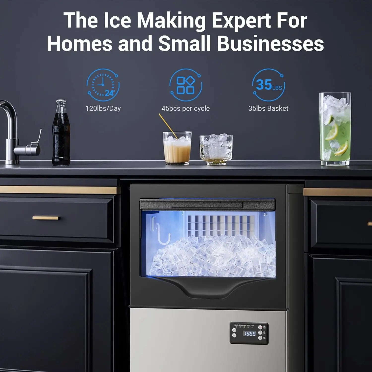 Commercial Ice Maker Machine, Stainless Steel Under Counter ice Machine with 35lbs Ice Storage Capacity, Bar Ice Maker Machine