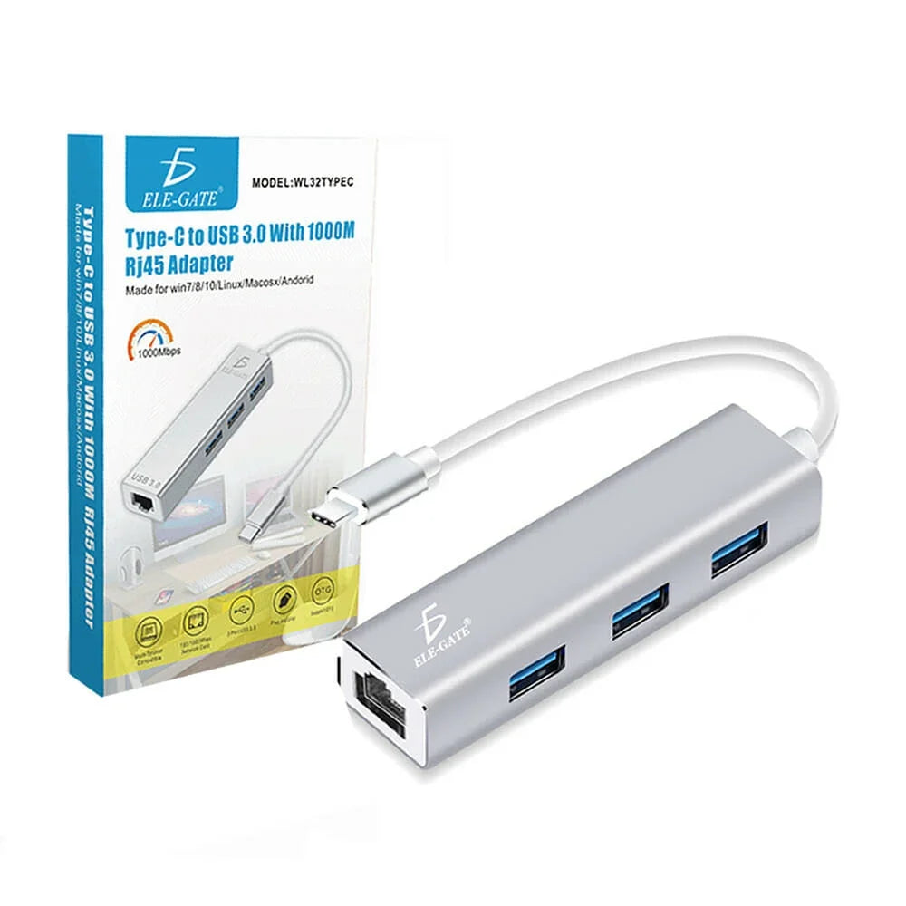 Expand your connectivity with this 3-input USB and 1 LAN adapter/hub featuring Type-C output—compatible with Windows, macOS, and cell phones!
