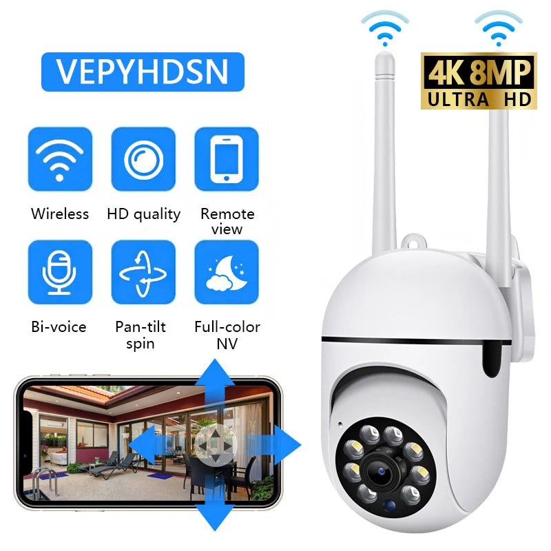 Secure your space with WiFi wireless security camera—featuring 4X zoom, auto-tracking, two-way audio, HD video, and color night vision for complete peace of mind!