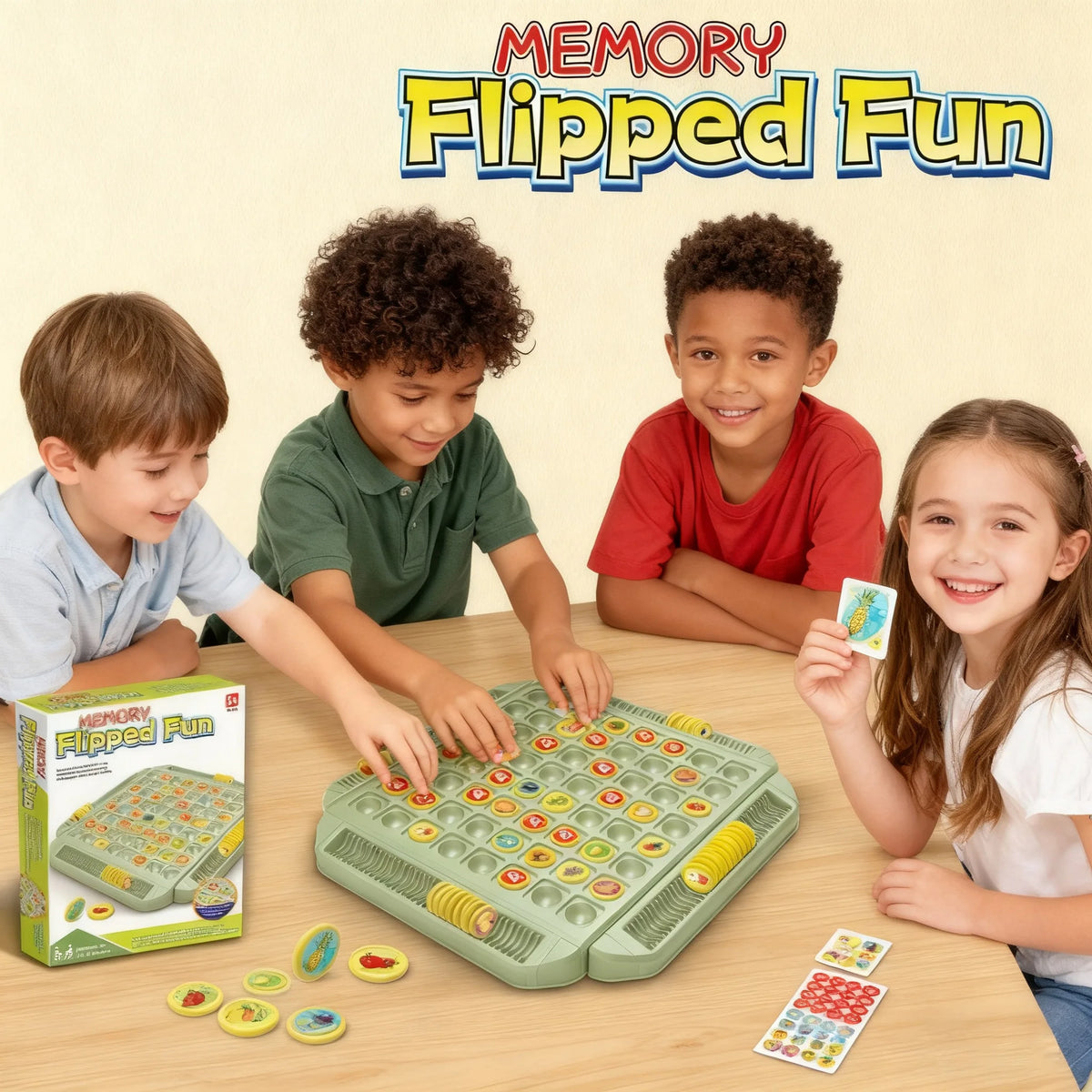 4 Player Interactive Memory Matching Board Game - Colorful Fruit & Animal Sliding Puzzle for Family Fun,Ideal for Kids