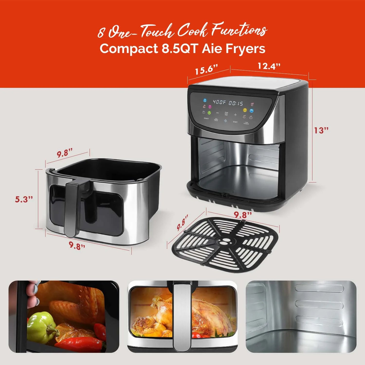 8.5QT Air Fryer, View Window, Multifunctional Large Family Size Capacity for 4-8 People, 10in1 Smart Digital Presets Air Frying