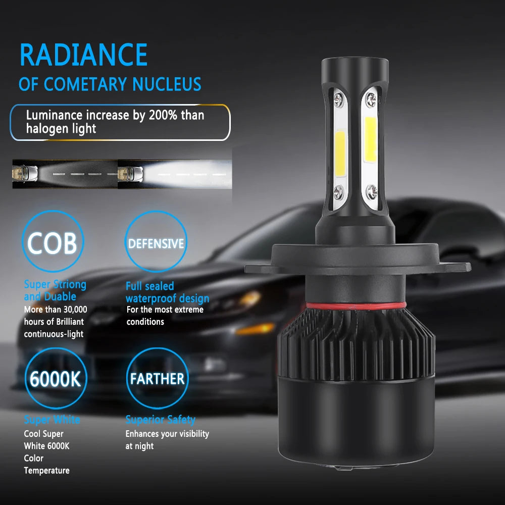 2pcs H4 LED Car Headlight 3 COB Chips Auto S2 Car Head Lamp Bulbs 72W 8000LM Car Accessories 6500K led fog light 9-36V