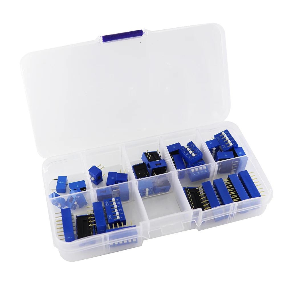 35PCS/LOT Dip Switch Kit In Box 1 2 3 4 5 6 8 Way 2.54mm Toggle Switch Red Snap Switches Mixed Kit Each 5PCS Combination Set