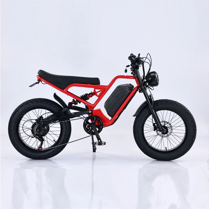 Ride with power and comfort on this 2000w/1500w electric mountain bike. The Stealth Bomber design offers increased motor power and shock absorption, perfect for adult riders seeking an adventurous biking experience!