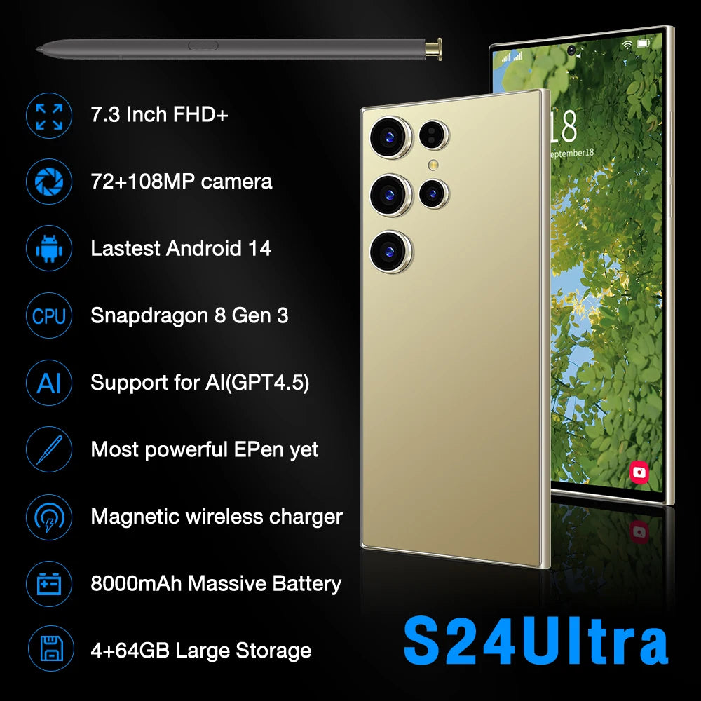 Experience cutting-edge technology with the S24 ULTRA Original smartphone—featuring a stunning 7.3-inch full screen, dual 72MP+108MP cameras, 16GB RAM, 512GB storage, GPS, and face unlock for seamless Android performance!