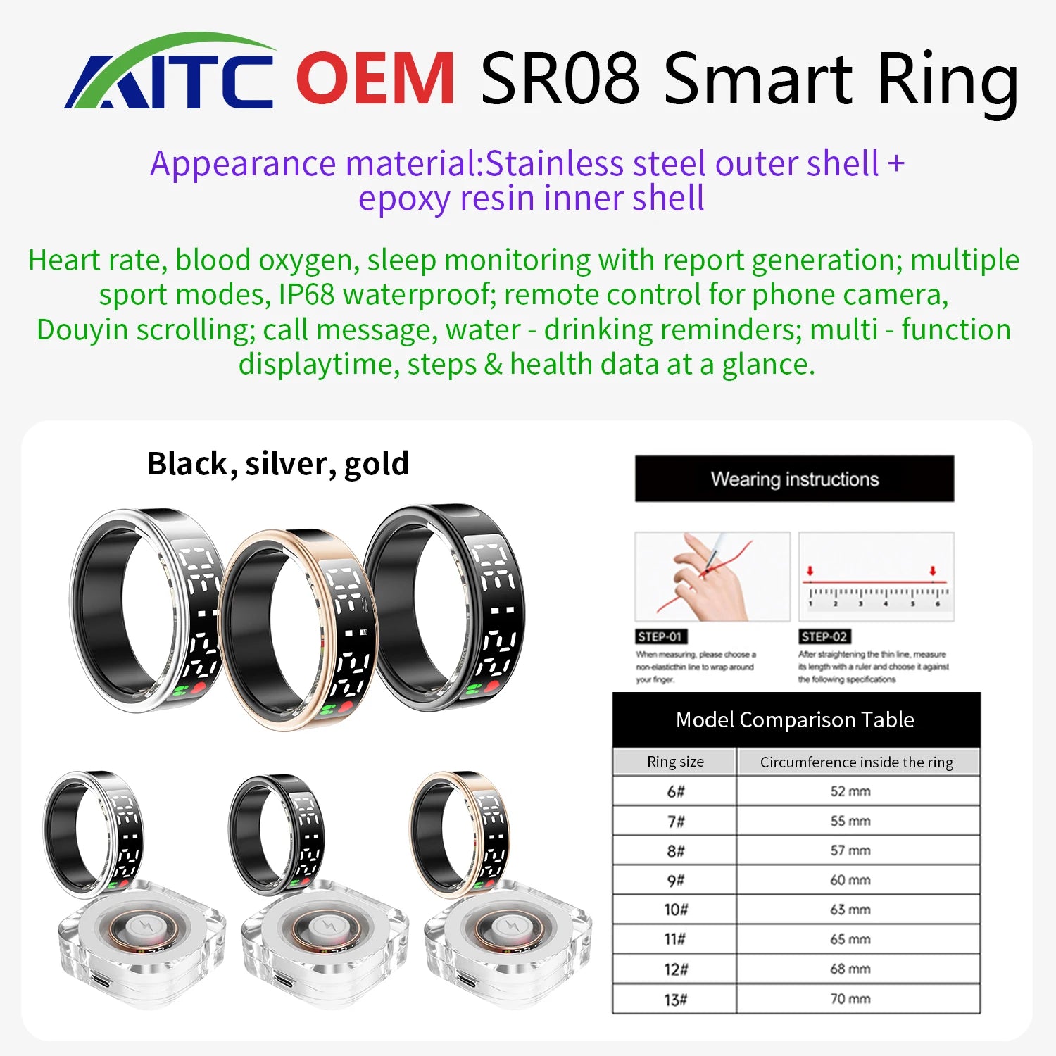 Health Monitoring Smart Ring Full APP Control Heart Rate Oxygen Sport Sleep Tracker IP68 Waterproof