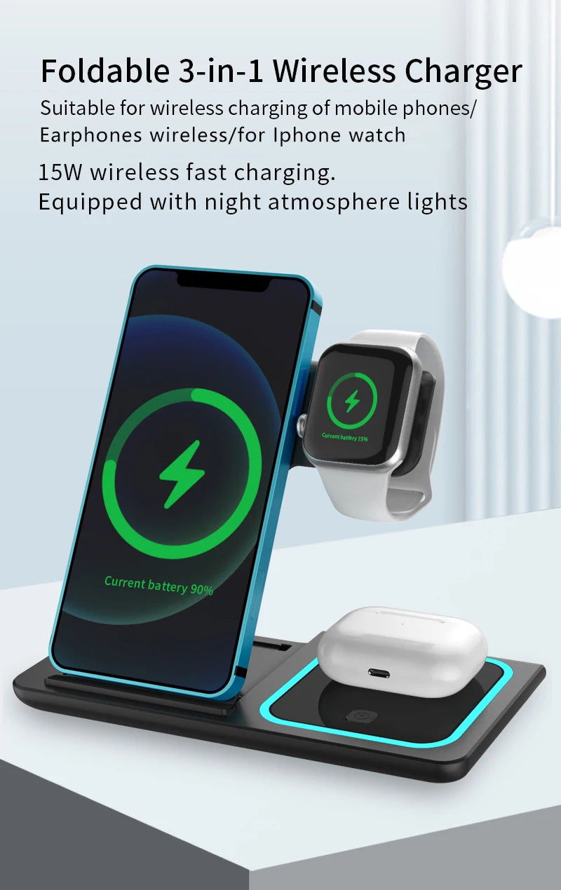 Trending Products 2025 New Arrivals 15W Fast Charger Magnetic 3 in 1 Wireless Charger with Led Lamp for Iphones 15 Pro Max