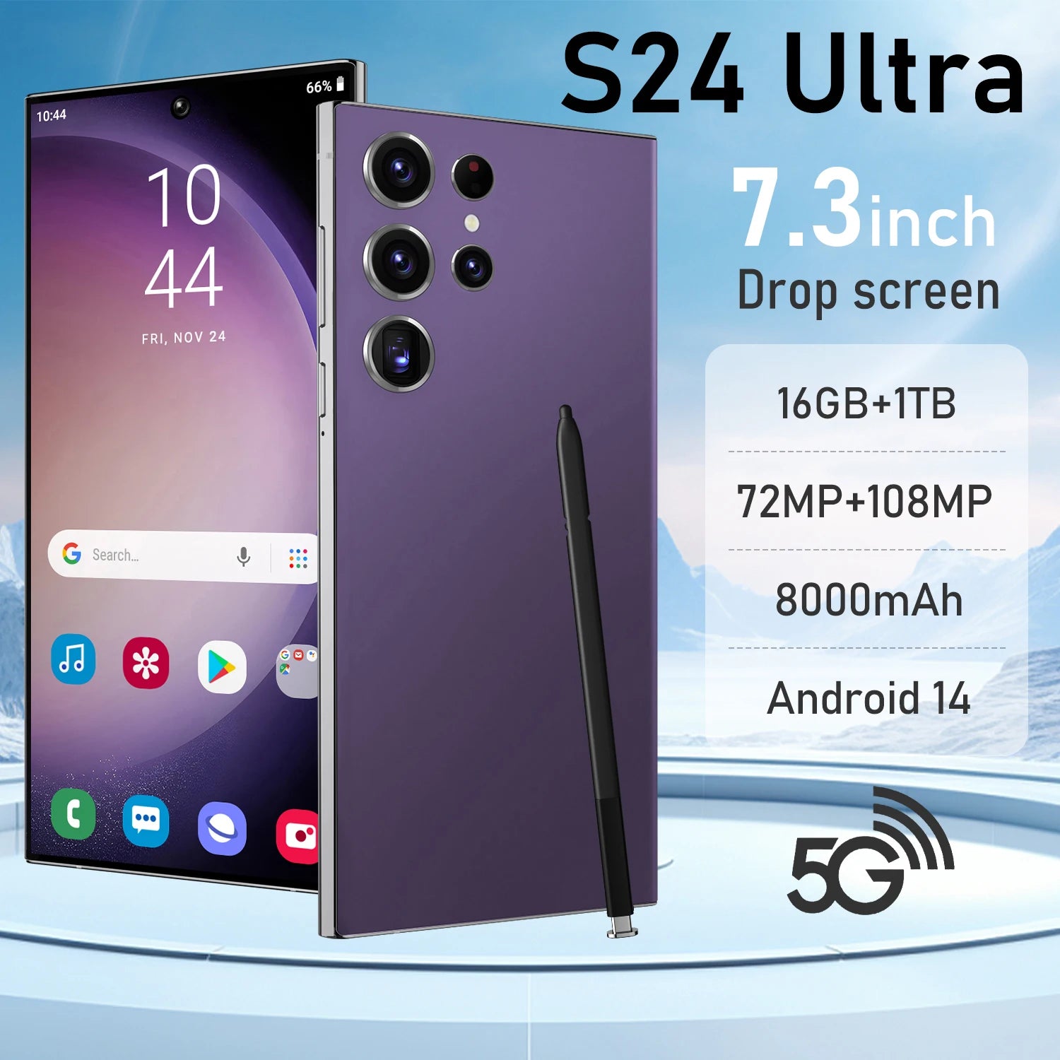 Hot Selling S24 Ultra 5G 7.3-Inch HD Screen Original Smart Phone with 108MP Rear Camera High Quality Sound and Stereo Speakers