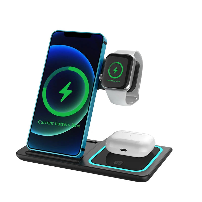 Trending Products 2025 New Arrivals 15W Fast Charger Magnetic 3 in 1 Wireless Charger with Led Lamp for Iphones 15 Pro Max