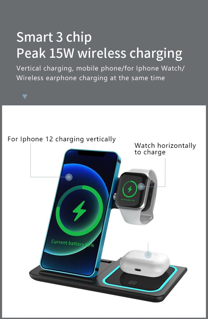 Trending Products 2025 New Arrivals 15W Fast Charger Magnetic 3 in 1 Wireless Charger with Led Lamp for Iphones 15 Pro Max
