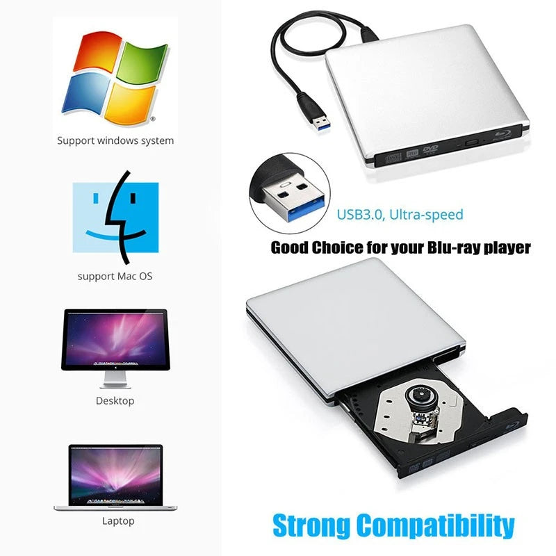 External USB3.0 Blu-Ray Reader Bluray Burner and Writer 3D BD-ROM Optical DVD Recorder BD-RE Bluray Play for Laptop/Desktop