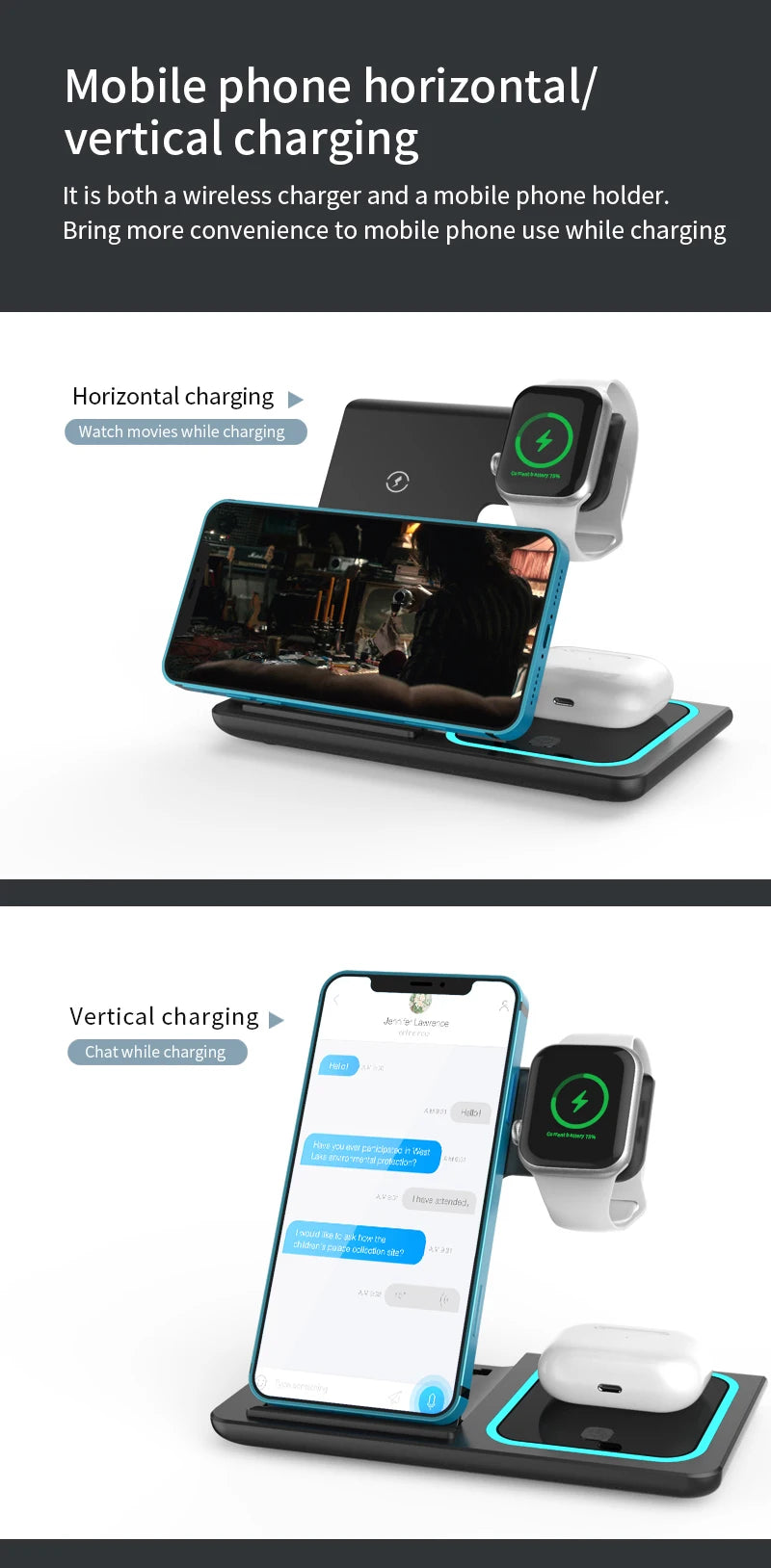 Trending Products 2025 New Arrivals 15W Fast Charger Magnetic 3 in 1 Wireless Charger with Led Lamp for Iphones 15 Pro Max