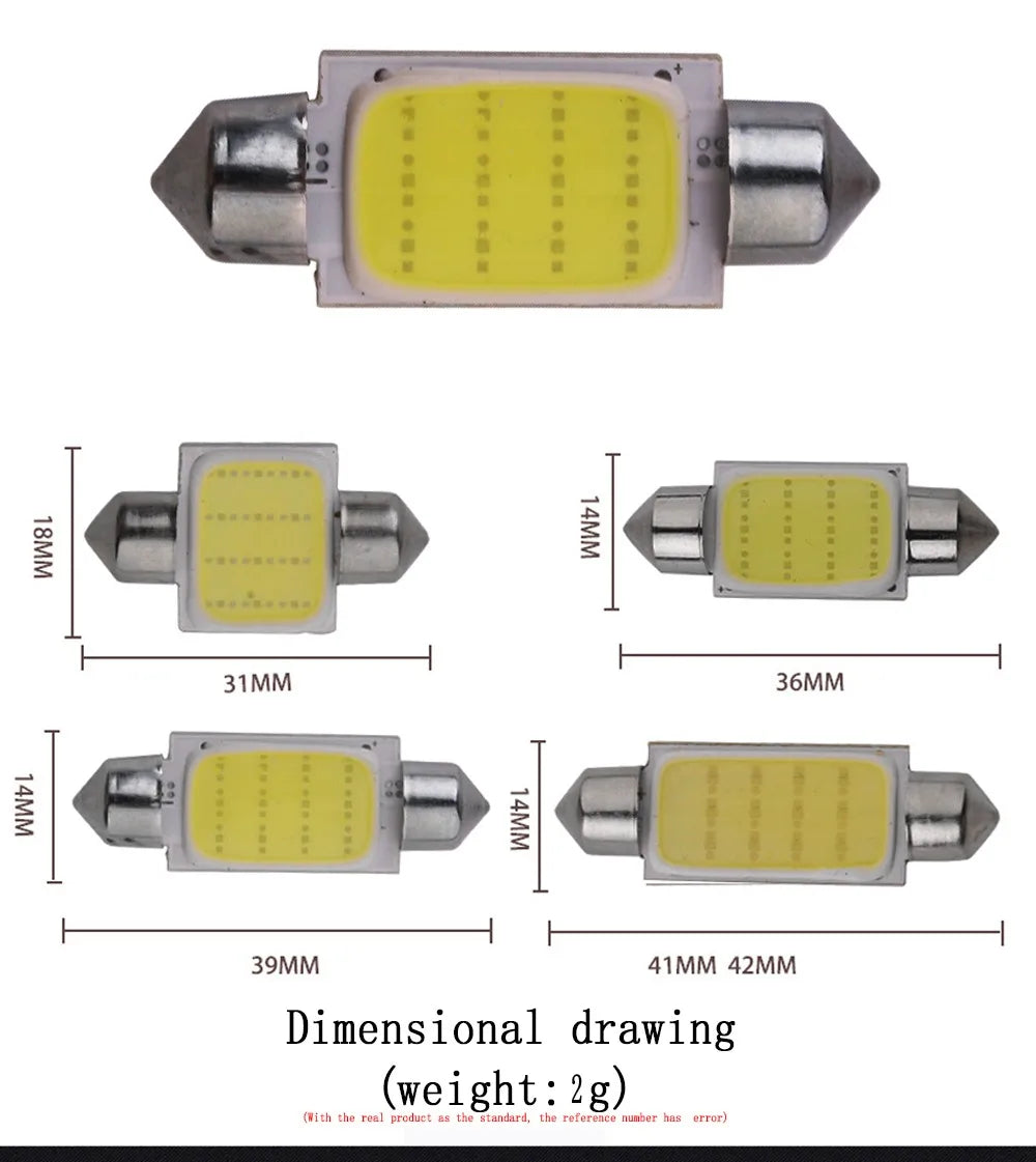 2pcs C10W C5W LED COB Festoon 31mm 36mm 39mm 41mm 42mm 12V White Bulbs Cars License Plate Interior Reading Dome Door Light 6500K