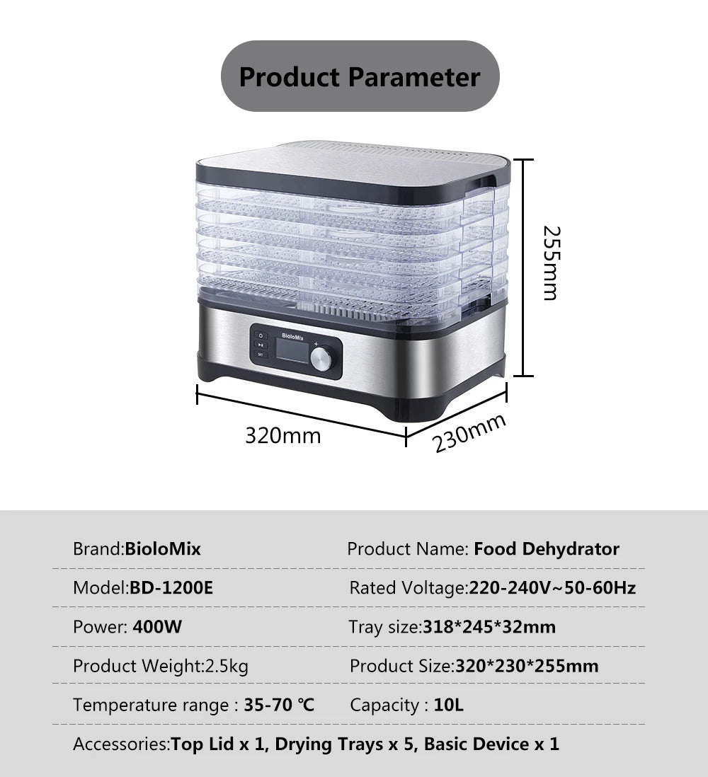 BioloMix BPA FREE 5 Trays Food Dryer Dehydrator with Digital Timer and Temperature Control for Fruit Vegetable Meat Beef Jerky