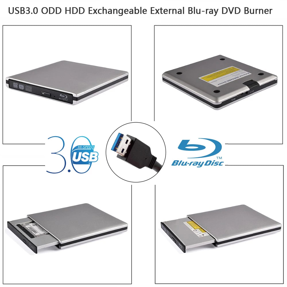 External USB3.0 Blu-Ray Reader Bluray Burner and Writer 3D BD-ROM Optical DVD Recorder BD-RE Bluray Play for Laptop/Desktop