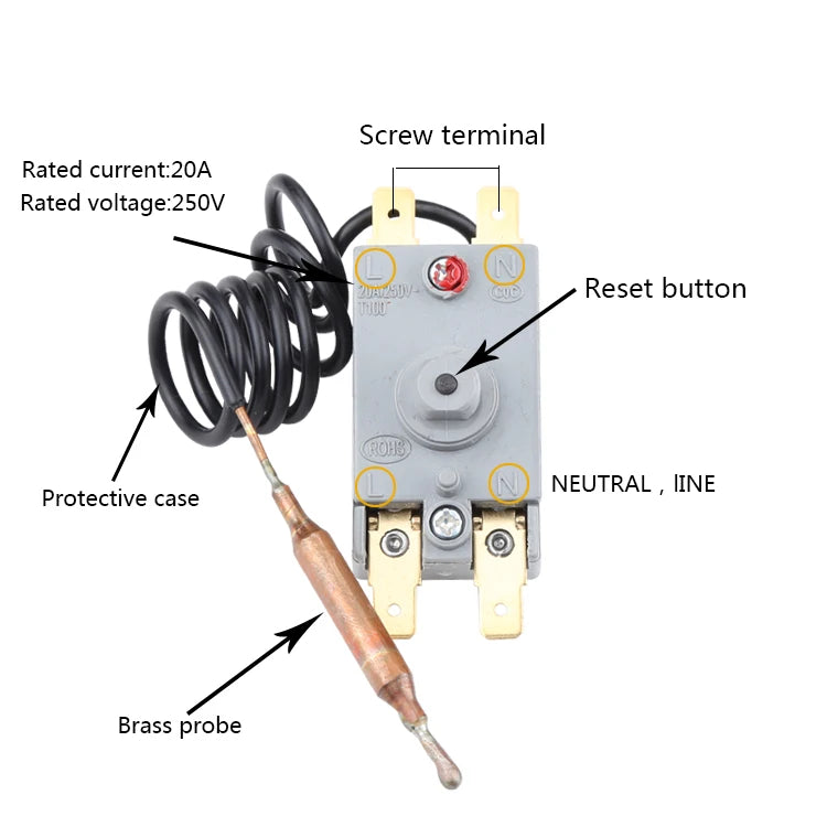 Ensure safety and efficiency with this 95°C water heater universal four-plug probe temperature limiter—complete with a water level probe and solar sensor (model WQS95-12).