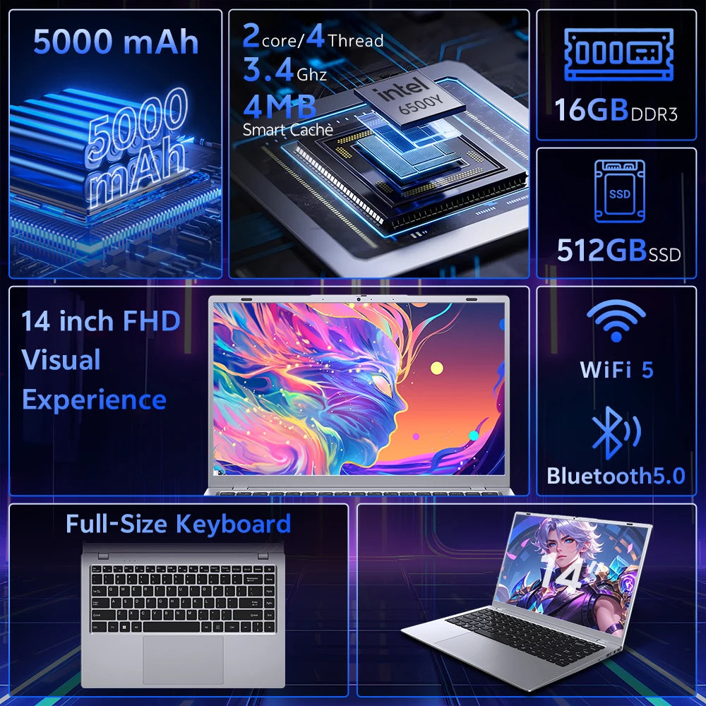USA Stock 15.6" Laptop Computer Ordinateur 16GB+512GB Intel 6500Y US Warehouse Wholesale Laptop Portable Laptops Brand New