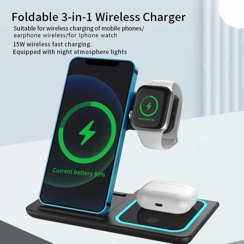 Trending Products 2025 New Arrivals 15W Fast Charger Magnetic 3 in 1 Wireless Charger with Led Lamp for Iphones 15 Pro Max