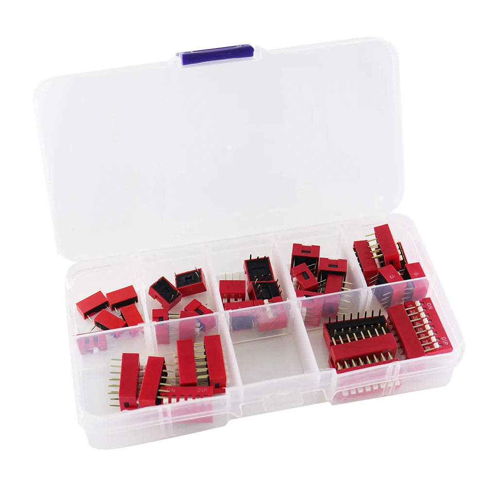 35PCS/LOT Dip Switch Kit In Box 1 2 3 4 5 6 8 Way 2.54mm Toggle Switch Red Snap Switches Mixed Kit Each 5PCS Combination Set