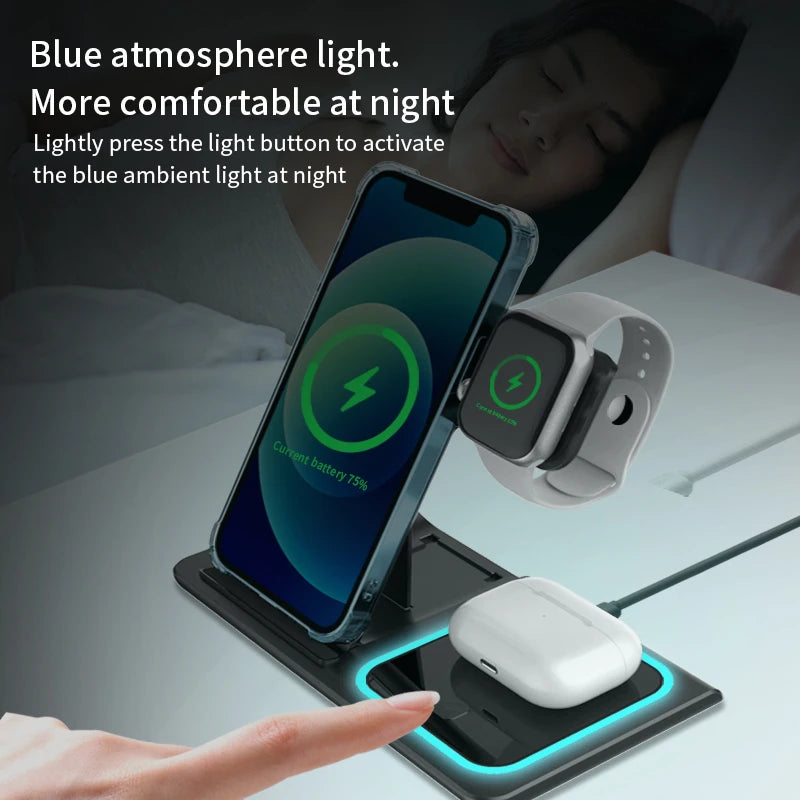 Trending Products 2025 New Arrivals 15W Fast Charger Magnetic 3 in 1 Wireless Charger with Led Lamp for Iphones 15 Pro Max