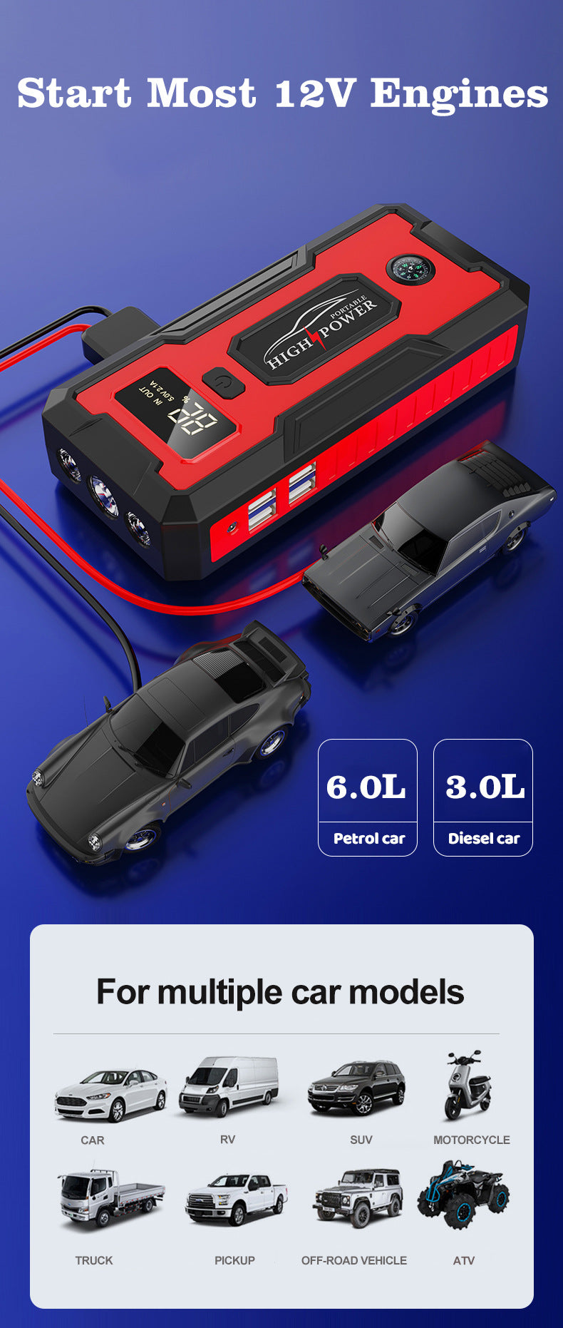 12V Power Bank 98000mAh Jumpstarter Auto Buster Emergency Booster Car Charger Jump Start Car Starting Device Battery