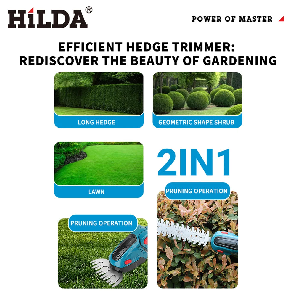 HILDA 2 IN1 Electric Hedge Trimmer Cordless Handheld Weeding Pruning Shear Shrub Mower Garden Tool For Makita 18V Battery