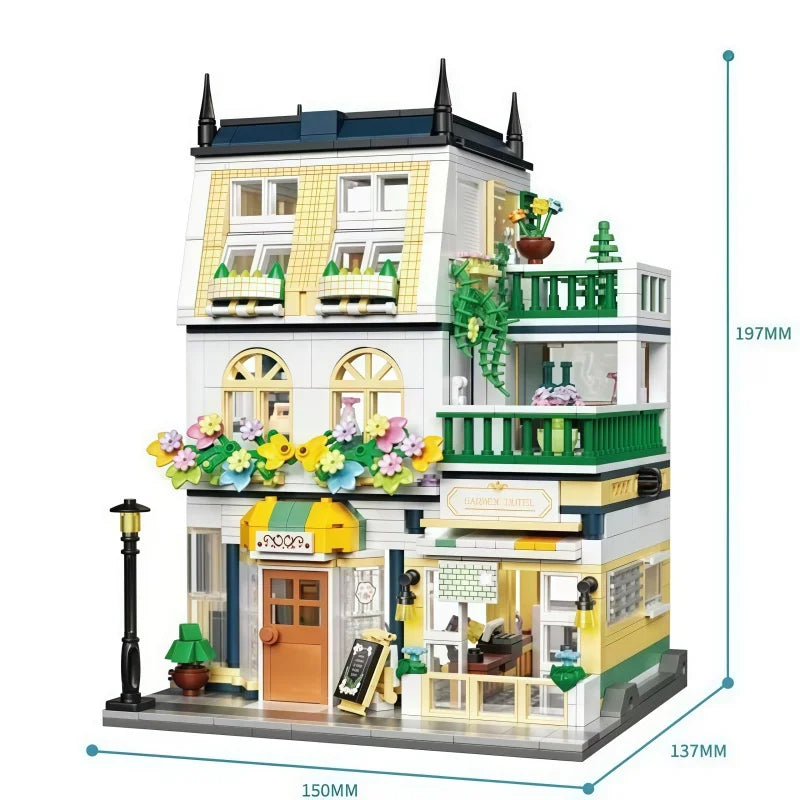Garden Hotel Building Blocks Set, 3-Story City Street View Bricks Model, Creative DIY Assembly Toy for Kids Adults, Collectible
